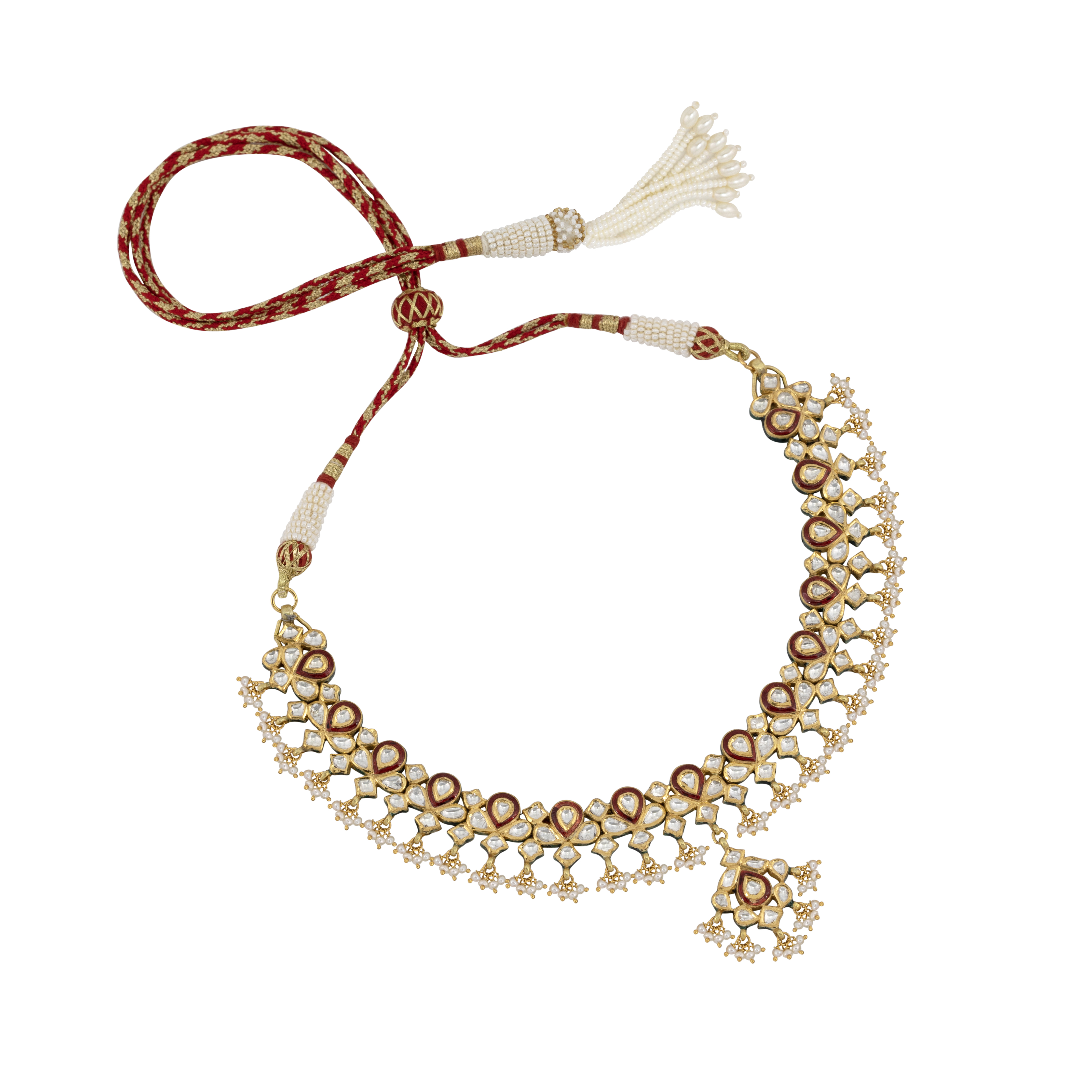 Polki Necklace with Red Enamel and Pearl Bead Clusters